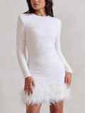 Women Sexy Long-Sleeved Solid Sequin Feather Round Neck Dress