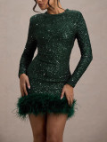 Women Sexy Long-Sleeved Solid Sequin Feather Round Neck Dress