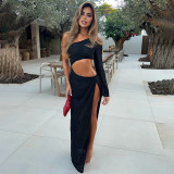Women Crop Top and Sexy Slit Skirt Two-Piece Set