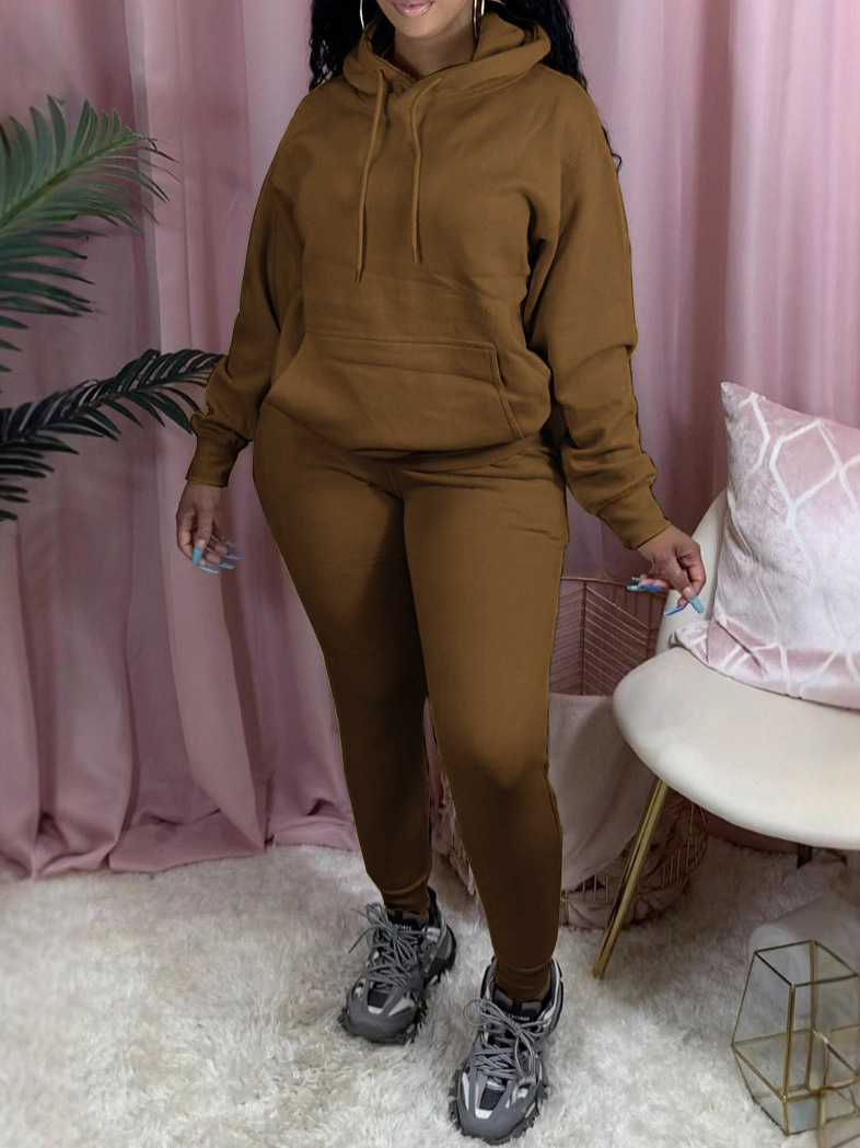 Women's Autumn Winter Sportswear Solid Color Two-Piece Fleece Hooded Jogging Set