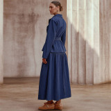 Women Long-Sleeved Top and Denim Skirt with Belt Two-Piece Set