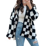 Plus Size Women Winter Black and White Check Coat Sweater