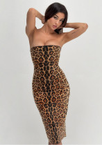 Women's Autumn Chic Leopard Print Tight Fitting Slim Fit Strapless Dress