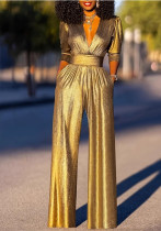 Women Sexy V-Neck Stretch Shiny Jumpsuit