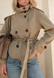 Women Autumn Belt Long-Sleeved Solid Stand Collar Trench Coat