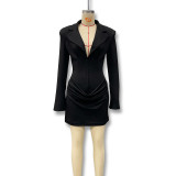 Women Autumn/Winter Solid V Neck Turndown Collar Pleated Blazer Dress