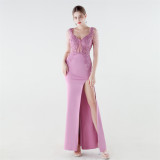 Women's Luxury Slim Waist Beaded Floral Evening Gown