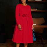 Women's Autumn Winter Solid Color Round Neck  Floral A-line Dress