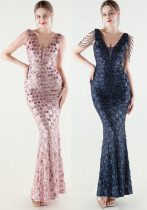 Women's Plus Size Luxury Sequin Beaded Slim V-Neck Mermaid Evening Gown