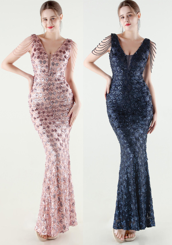 Women's Plus Size Luxury Sequin Beaded Slim V-Neck Mermaid Evening Gown