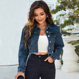 Women Denim Fringe Turndown Collar Long-Sleeved Jacket