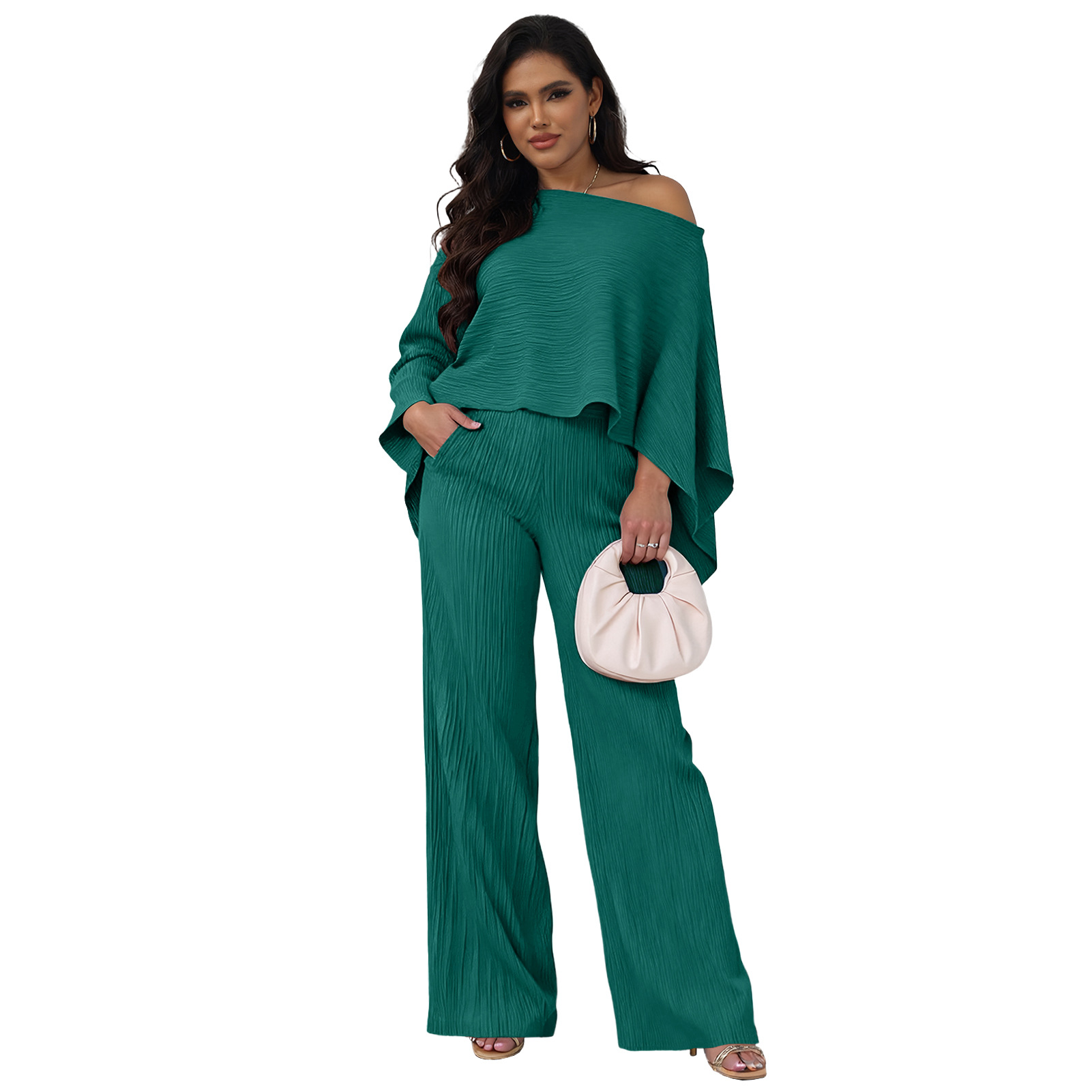 Women's Fashion Set Stretch Crinkle Bat Sleeve One-Sleeve Top Wide-Leg Pants