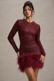 Women Sexy Long-Sleeved Solid Sequin Feather Round Neck Dress