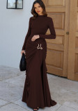 Women Autumn/Winter Solid Round Neck Long-Sleeved Metallic Pleated Bodycon Dress