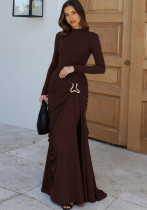 Women Autumn/Winter Solid Round Neck Long-Sleeved Metallic Pleated Bodycon Dress Women Autumn/Winter Solid Round Neck Long-Sleeved Metallic Pleated Bodycon Dress