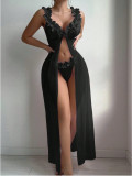 Women's Seductive Lingerie Set Low-Cut Floral See-Through Mesh Lace Slit Long Dress