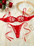 Women's Romantic Heart Print Embroidery See-Through Bow Lace-Up Mesh Satin Lingerie Set
