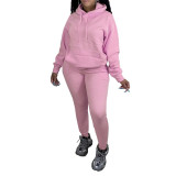 Women's Autumn Winter Sportswear Solid Color Two-Piece Fleece Hooded Jogging Set