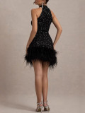 Women Sexy Sleeveless Sparkling Furry Sequin Dress