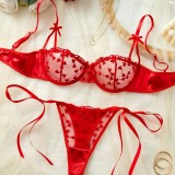 Women's Romantic Heart Print Embroidery See-Through Bow Lace-Up Mesh Satin Lingerie Set