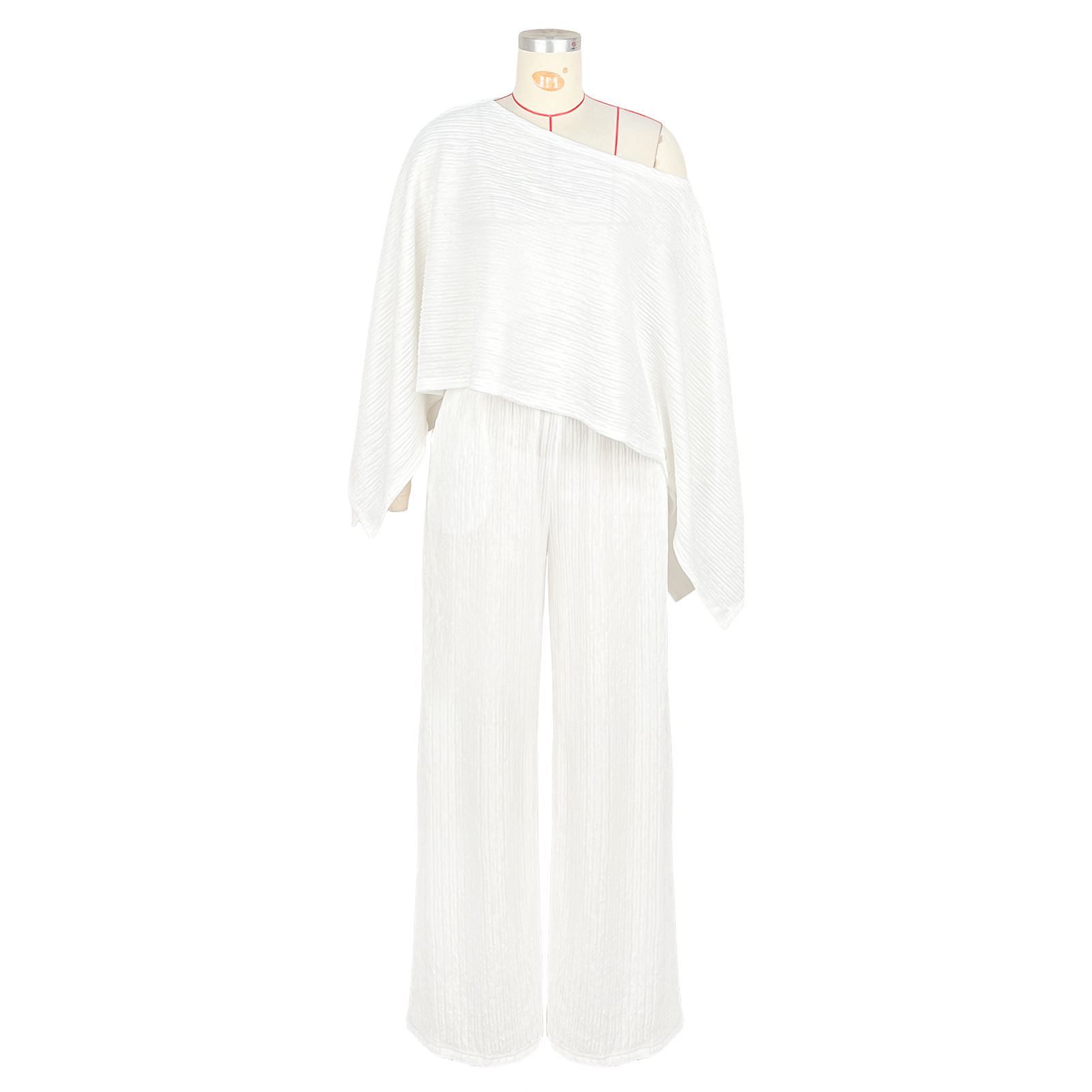 Women's Fashion Set Stretch Crinkle Bat Sleeve One-Sleeve Top Wide-Leg Pants