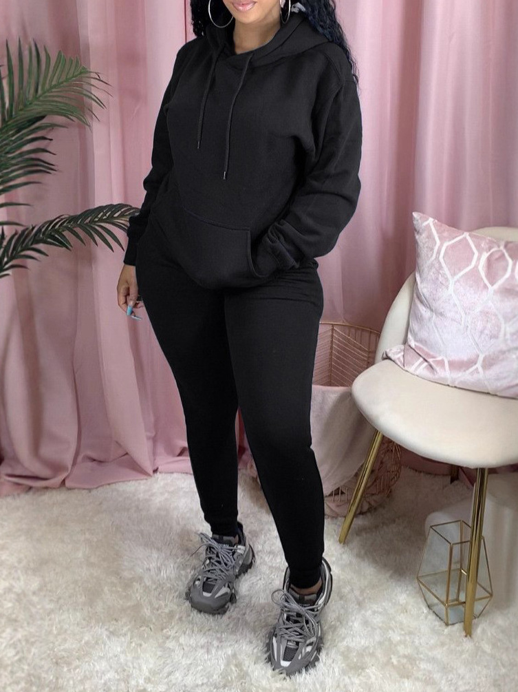 Women's Autumn Winter Sportswear Solid Color Two-Piece Fleece Hooded Jogging Set