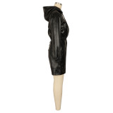 Women's Autumn Winter Casual Fashion Hooded Leather Jacket and Shorts  Set