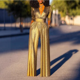 Women Sexy V-Neck Stretch Shiny Jumpsuit