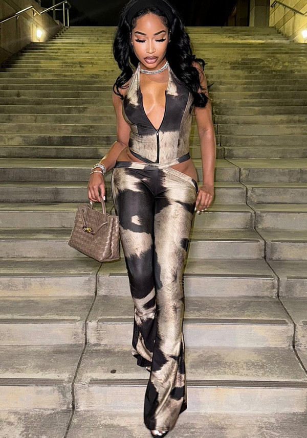 Women Sexy Print Halter Neck Tie-Up Bell Bottom Jumpsuits