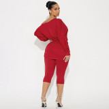 Women Autumn/Winter Asymmetrical Off-Shoulder Stacked Gathered Long-Sleeved Top and Cropped Pants Two-Piece Set