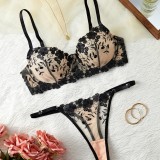 Women's Seductive Lingerie Set Mesh Embroidery Thin Bra and Panty Set