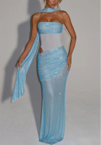 Women Sequined Ribbon Sleeveless Strapless Formal Party Dress Women Sequined Ribbon Sleeveless Strapless Formal Party Dress