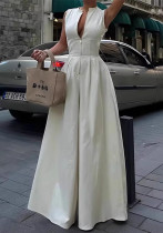 Women Summer Elegant Casual White Sleeveless Zipper Jumpsuit