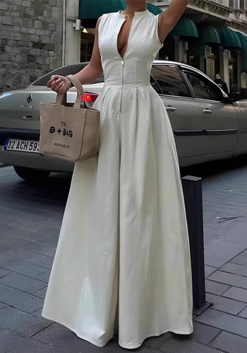 Women Summer Elegant Casual White Sleeveless Zipper Jumpsuit