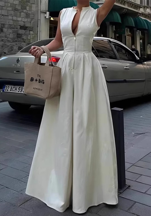 Women Summer Elegant Casual White Sleeveless Zipper Jumpsuit