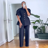 Women's Autumn Fashion Two-Piece Set Stand Collar Single-Breasted Slim Waist Shirt with Straight Pants