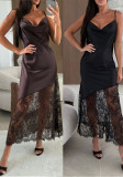 Women Spring/Summer Sexy V-Neck Lace Patchwork Solid Bodycon Dress