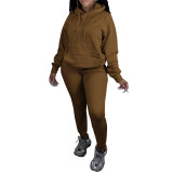 Women's Autumn Winter Sportswear Solid Color Two-Piece Fleece Hooded Jogging Set