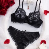 Women's Seductive Lingerie Set Lace Print See-Through Bra and Panty Set