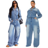 Women Cargo Pants Washed Denim Jumpsuit