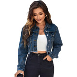 Women Denim Fringe Turndown Collar Long-Sleeved Jacket