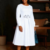 Women's Autumn Winter Solid Color Round Neck  Floral A-line Dress