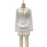 Women Autumn/Winter Solid V Neck Turndown Collar Pleated Blazer Dress