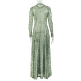 Women's Summer Vintage Slim Waist Print A-Line Stand Collar Dress