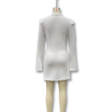 Women Autumn/Winter Solid V Neck Turndown Collar Pleated Blazer Dress