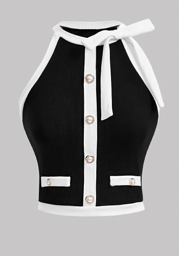 Women Spring Summer Color Block Sleeveless Halter Neck Off-Shoulder Vest Top