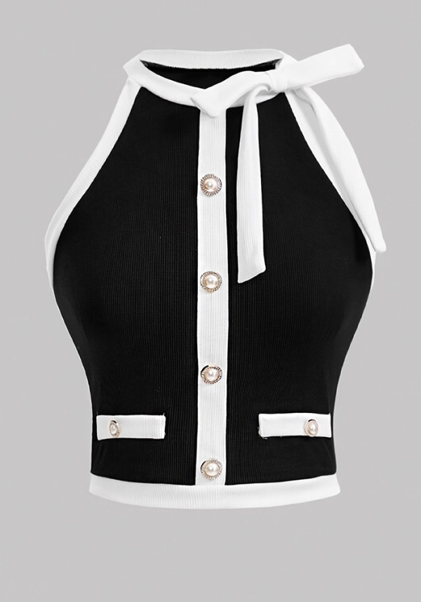 Women Spring Summer Color Block Sleeveless Halter Neck Off-Shoulder Vest Top