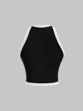 Women Spring Summer Color Block Sleeveless Halter Neck Off-Shoulder Vest Top