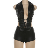 Women's Autumn Winter Sexy Sleeveless Halter Neck Low Back Tight Fit Pants Set