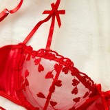 Women's Romantic Heart Print Embroidery See-Through Bow Lace-Up Mesh Satin Lingerie Set